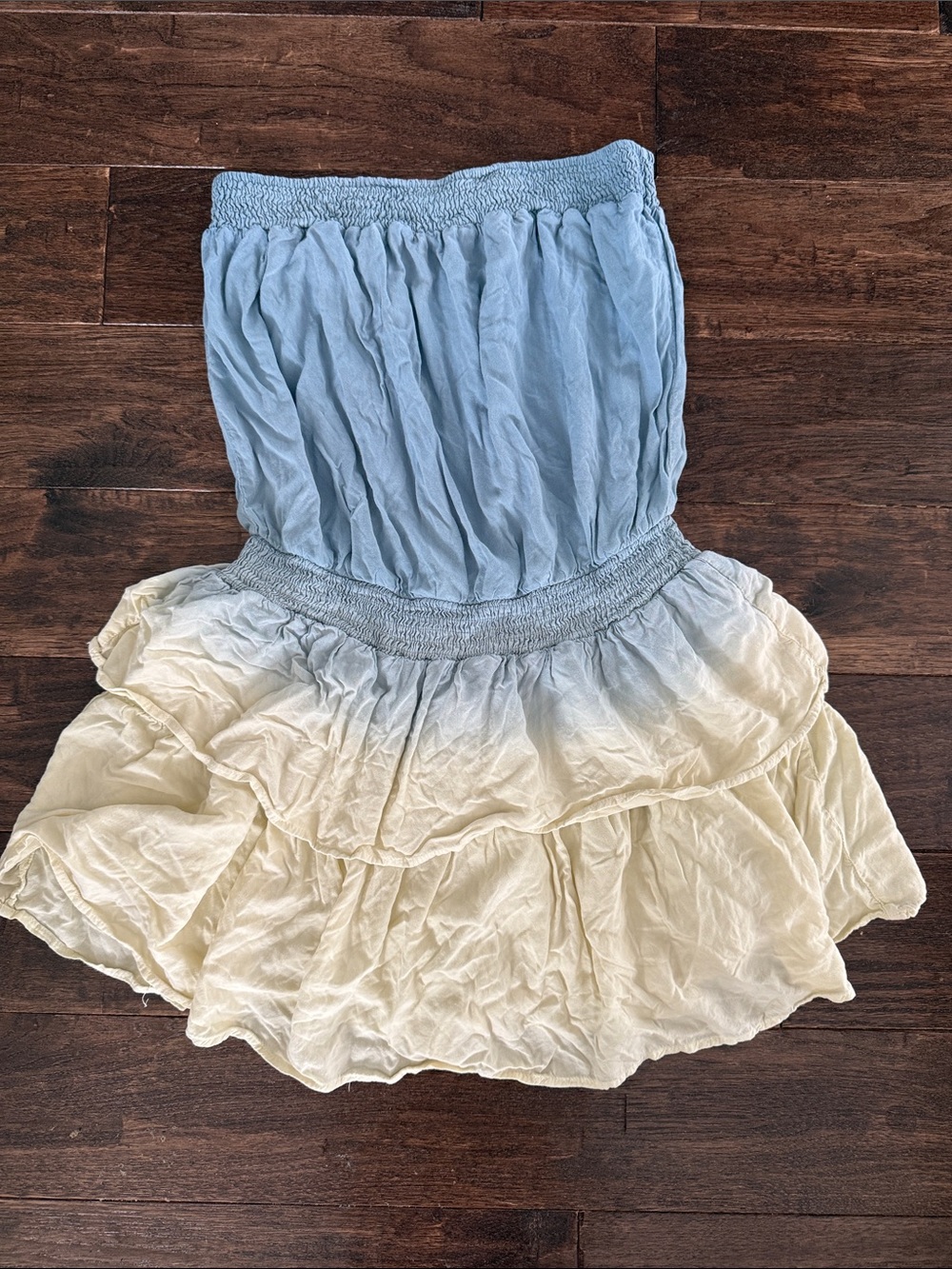 Mustard Seed Light Blue and Cream Tiered Smocked Waist Mini Skirt